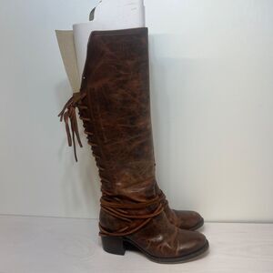 Freebird Coal Leather Boots Womens Size 7 Cognac Brown Tall Lace Up Handcrafted
